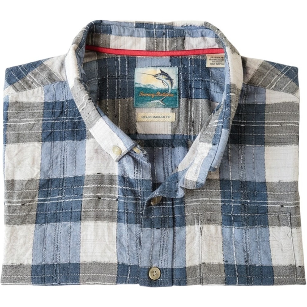 Tommy Bahama Island Modern Fit Shirt Mens XL Silk Cotton Plaid Blue Short Sleeve